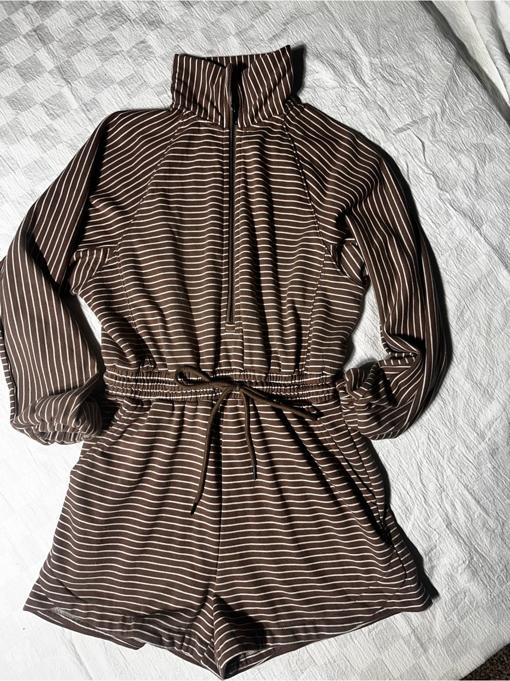 Women's Brown Striped Zip-Front Romper